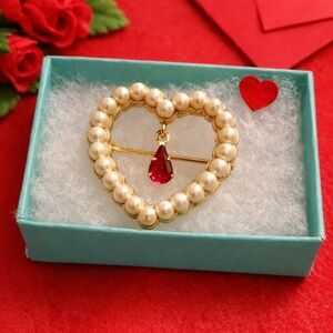 Vintage Avon Pearl Heart Brooch with Red Teardrop | Gold-Tone Valentine Pin